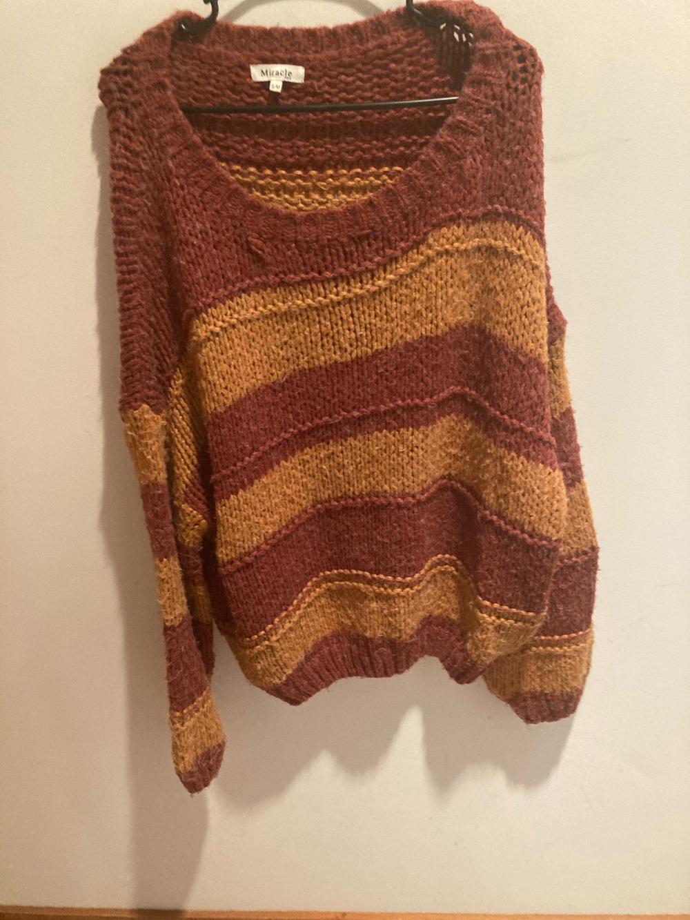 Miracle Wide-Striped Crewneck Sweater in Rust and Mustard. Oversized